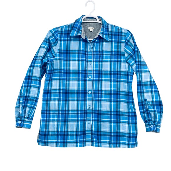 L.L.Bean Flannel Shirt Fleece Lined Button Down Plaid Blue Comfort Size M‎ - Picture 1 of 10